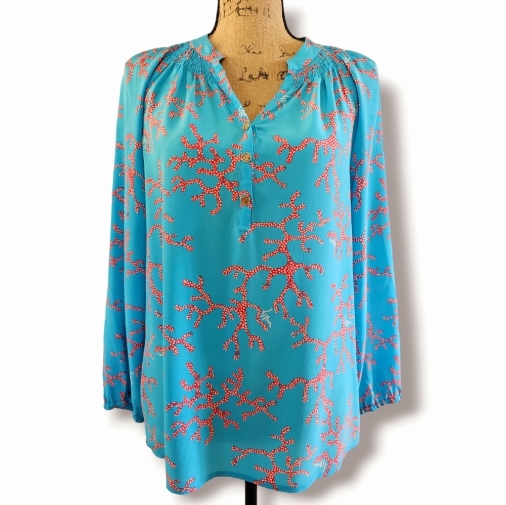 Lilly Pulitzer Elsa Coral Print Blue,Long Sleeve Split Front Silk Blouse.